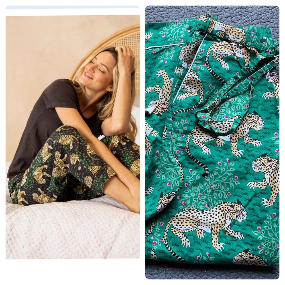 Printfresh Bagheera Pajama Pants Sz S Green 100% Organic Cotton Poplin Lounge